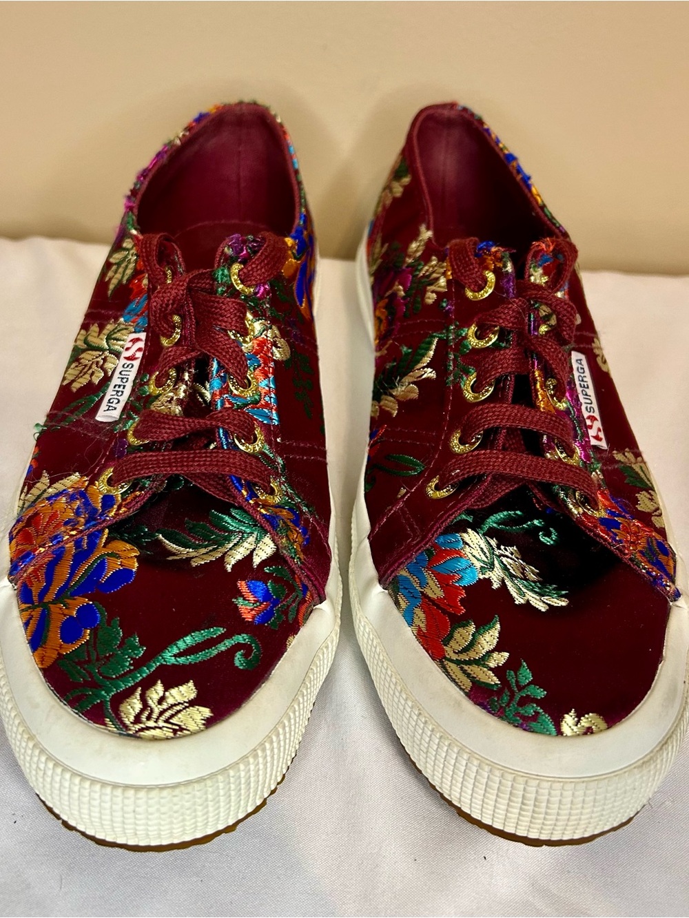 Superga Burgundy Floral Embroidered Lace-Up Sneakers